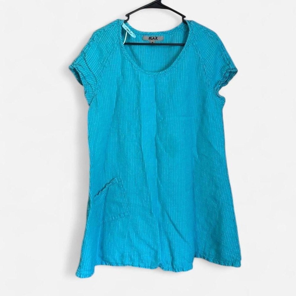 Flax Blue Striped Linen Dress Short Sleeve Pockets Turquoise Size M